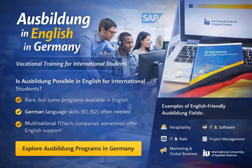 International students learning Ausbildung in English in germany in the background