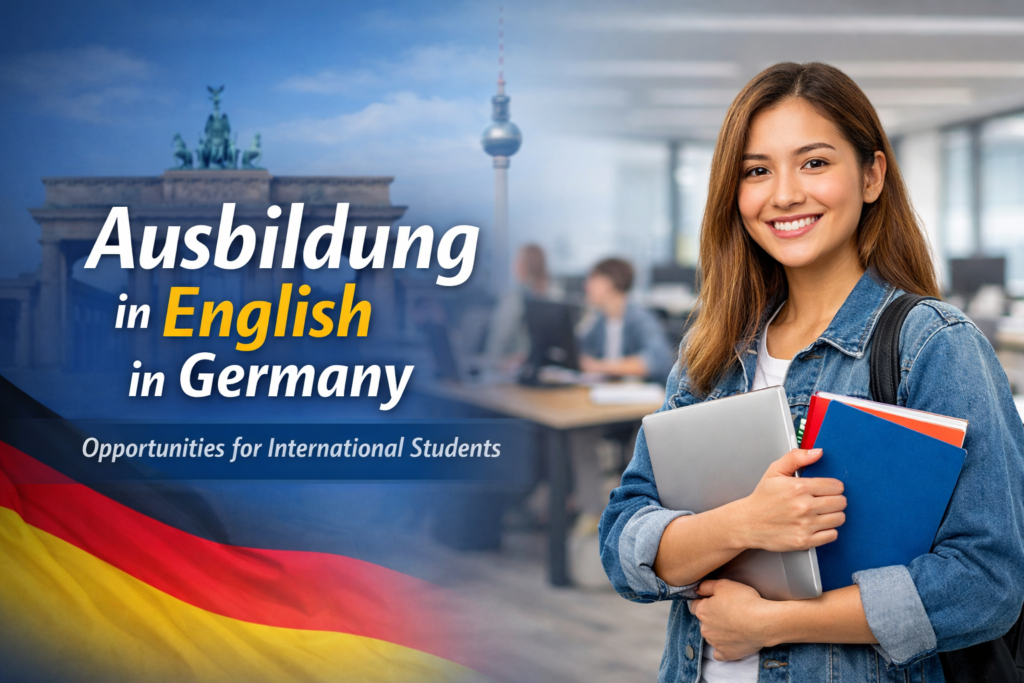 International student holding books in image representing Ausbildung in English in germany, with Brandenburg gate and TV tower in Background