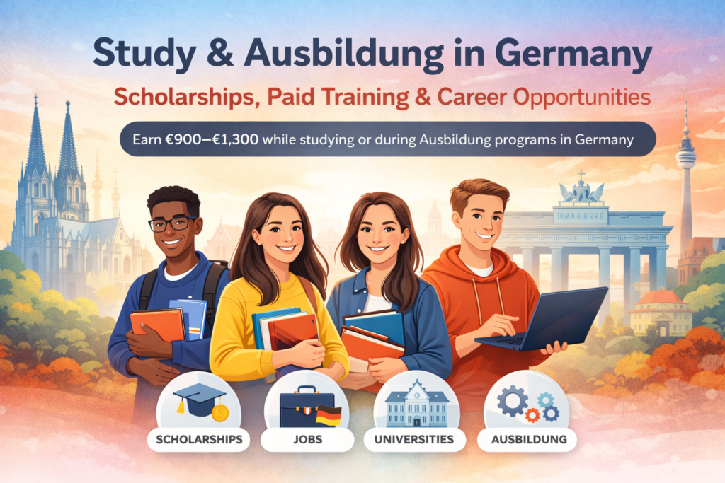 Homepage banner showing diverse students holding books and a laptop in front of German landmarks like Brandenburg Gate, Berlin TV Tower, and Cologne Cathedral, highlighting scholarships, jobs, universities, and Ausbildung opportunities.