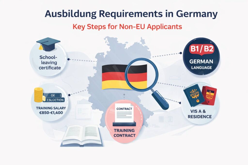 Ausbildung requirements in Germany image showing education, German language level, training contract, salary range, and visa requirements for non-EU applicants.